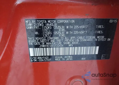 2015 Toyota Rav4 Xle from USA, damaged, VIN JTMRFREV6FD122426